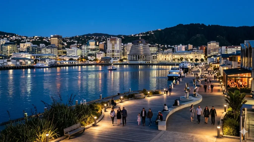 A panoramic view of the Wellington waterfront at "blue hour." The city lights are reflected in the harbor, and the Beehive (Parliament building) is visible in the distance. People are strolling along the modern, artistic wharf.