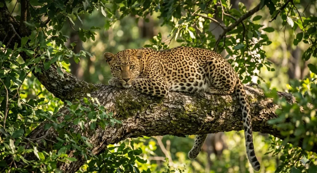 A close-up, high-detail portrait of a leopard resting on a thick tree branch in the Okavango Delta, dappled sunlight filtering through leaves, professional wildlife photography style.