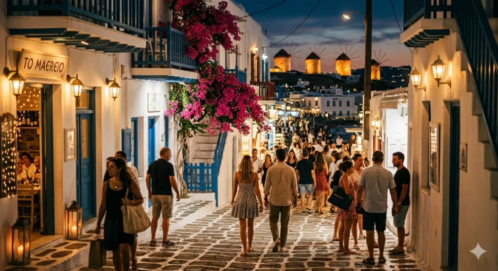 A vibrant evening scene in Mykonos town, showing narrow cobblestone streets illuminated by warm lanterns, pink bougainvillea hanging from white balconies, and stylish people walking toward a distant lit-up windmill, cinematic lighting.