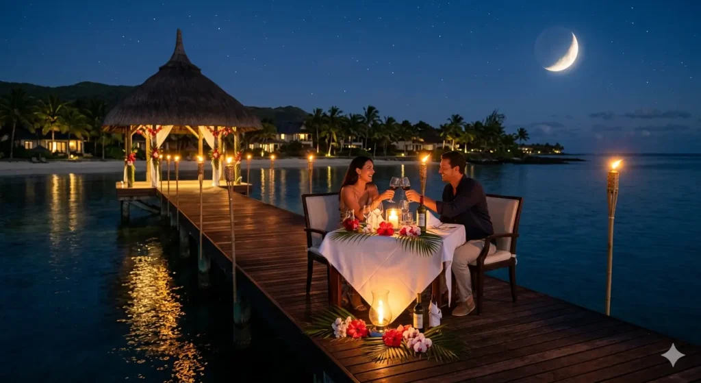 A romantic dinner setup on a private pier in Mauritius, torches lighting the way, the Indian Ocean reflecting the moonlight, luxury tropical resort atmosphere.