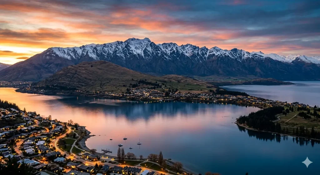A wide-angle, high-resolution photo of Queenstown, New Zealand, during sunset. The Remarkables mountains are capped with snow, reflecting in the calm, deep blue waters of Lake Wakatipu. Small town lights begin to twinkle at the base of the mountains. 8k resolution, cinematic lighting.