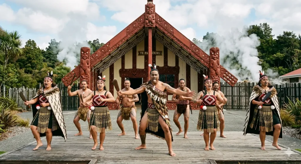 A vibrant photo of a Māori cultural performance in Rotorua. A group of performers in traditional dress are performing the Haka in front of a beautifully carved wooden Wharenui (meeting house). Steam from nearby geothermal vents rises softly in the background.