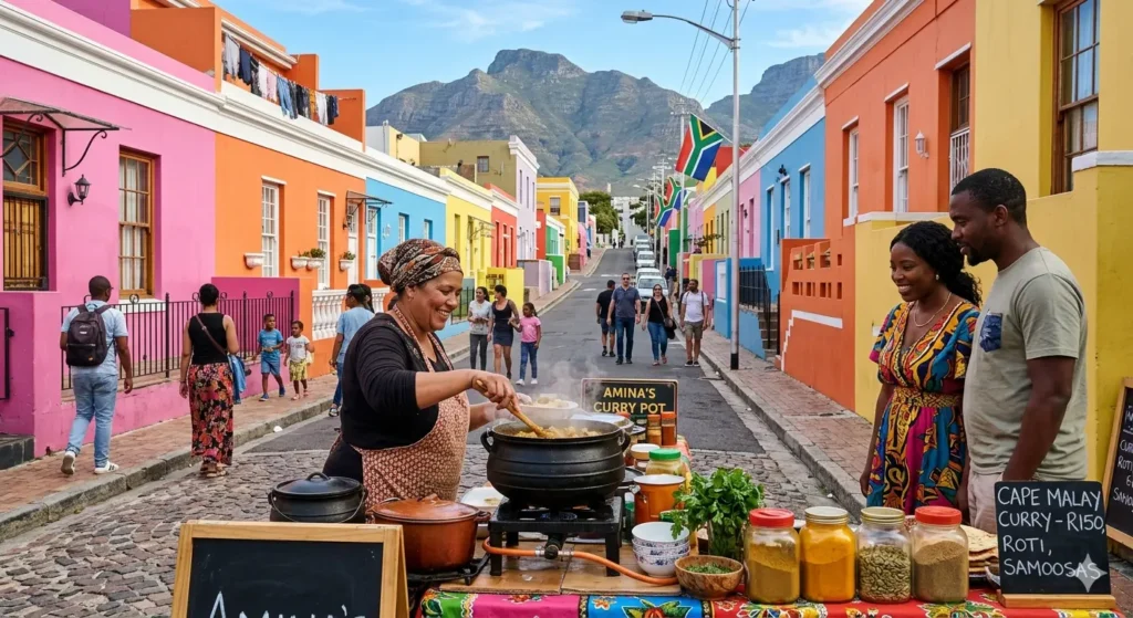 A vibrant street scene in Cape Town’s Bo-Kaap neighborhood, showing colorful houses and a local chef preparing traditional Cape Malay curry at an outdoor stall, bright daylight, highly detailed.