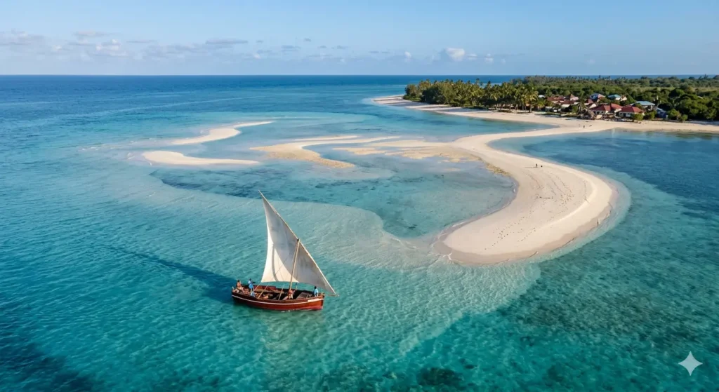 An overhead drone view of a traditional wooden dhow sailing in the turquoise waters of Zanzibar, white sandbanks visible through the clear water, tropical paradise vibe, 8k.