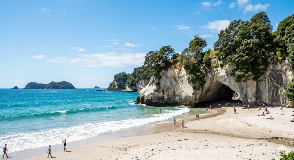 A stunning daytime shot of Cathedral Cove on the Coromandel Peninsula. The giant natural limestone arch stands prominently on a white sandy beach, with turquoise ocean waves gently rolling in. The sky is a clear, bright blue.