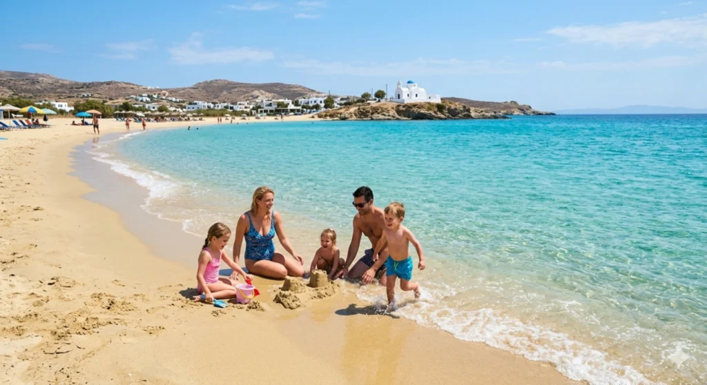 A high-resolution, wide-angle shot of a family playing on the shallow, golden sands of Agios Prokopios beach in Naxos, with turquoise water and a traditional white chapel in the distant background, bright sunny day, 8k.
