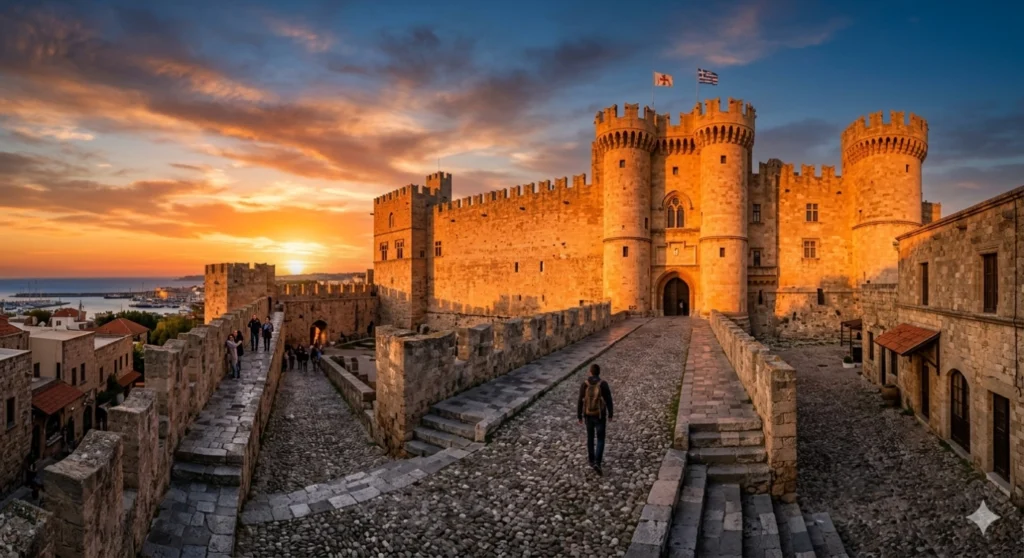 An epic view of the Palace of the Grand Master in Rhodes at sunset, the medieval stone walls glowing orange, with a clear view of the cobblestone path leading to the arched entrance, historical atmosphere.