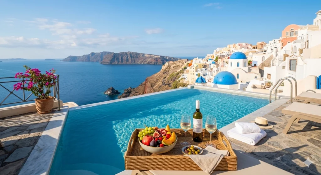A luxury infinity pool overlooking the deep blue Aegean Sea in Santorini, with white-washed cave houses and blue domes in the background, a tray of fresh Greek fruit and wine on the edge, morning light.