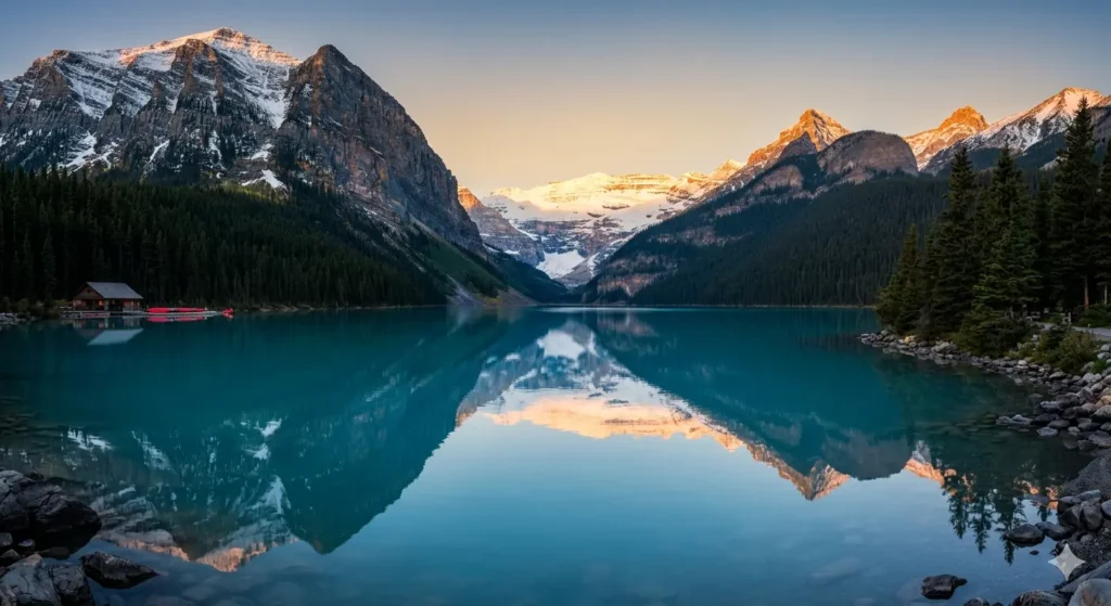A high-resolution, wide-angle shot of Lake Louise in Banff National Park during sunrise. The turquoise water is crystal clear, reflecting the snow-capped Victoria Glacier. Soft morning light hits the mountain peaks, creating a gold and blue contrast. Photorealistic style, 8k.