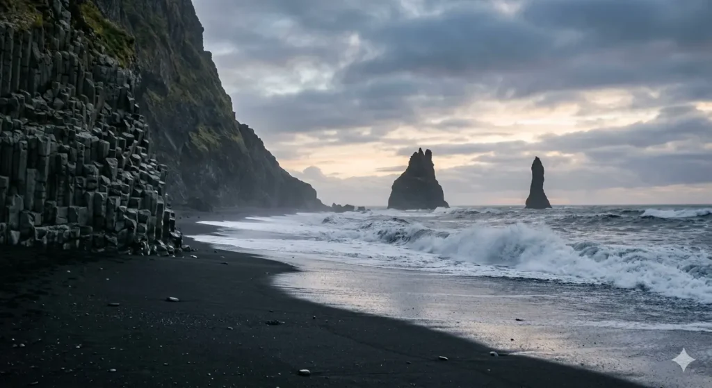 A peaceful, empty view of the Black Sand Beach (Reynisfjara) at dawn, showing the basalt columns and crashing waves without any tourists around, captured in the moody light of a September morning.
