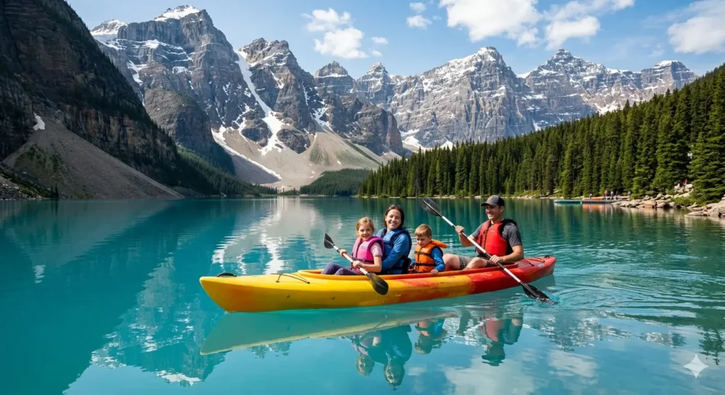 A family of four kayaking on a crystal-clear turquoise lake in Banff National Park, Canada. Pine trees and mountains reflected in the water, bright daylight, cinematic quality.