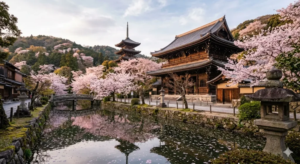 A high-resolution, cinematic photo of a traditional wooden Japanese temple in Kyoto surrounded by blooming pink cherry blossom trees, soft morning sunlight, petals floating in a nearby canal, 8k, realistic.