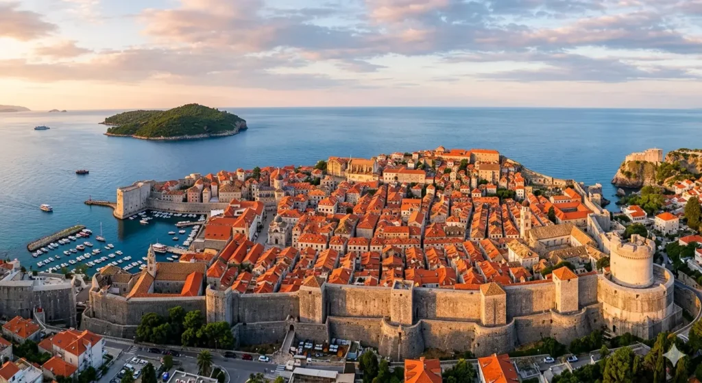 A wide-angle, high-resolution photo of Dubrovnik's Old Town at sunrise, showing the ancient stone walls, red-tiled roofs, and the deep blue Adriatic Sea in the background, cinematic lighting.