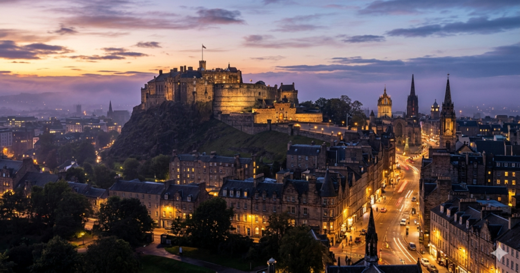 A high-quality wide shot of Edinburgh Castle at sunset, with the lights of the Royal Mile beginning to twinkle and a faint purple mist over the city.