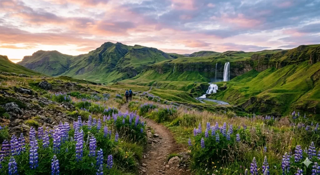 A wide-angle landscape photo of an Icelandic hiking trail in mid-summer, featuring lush green mountains, purple lupine flowers in the foreground, and a distant waterfall under a soft pink "midnight sun" sky.