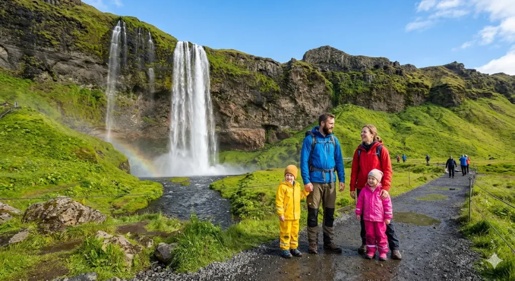 A wide-angle shot of a family with two young children standing safely near a majestic Icelandic waterfall (Skógafoss), wearing colorful weather-proof gear, with a clear blue sky and lush green grass in the foreground. High resolution, natural lighting.