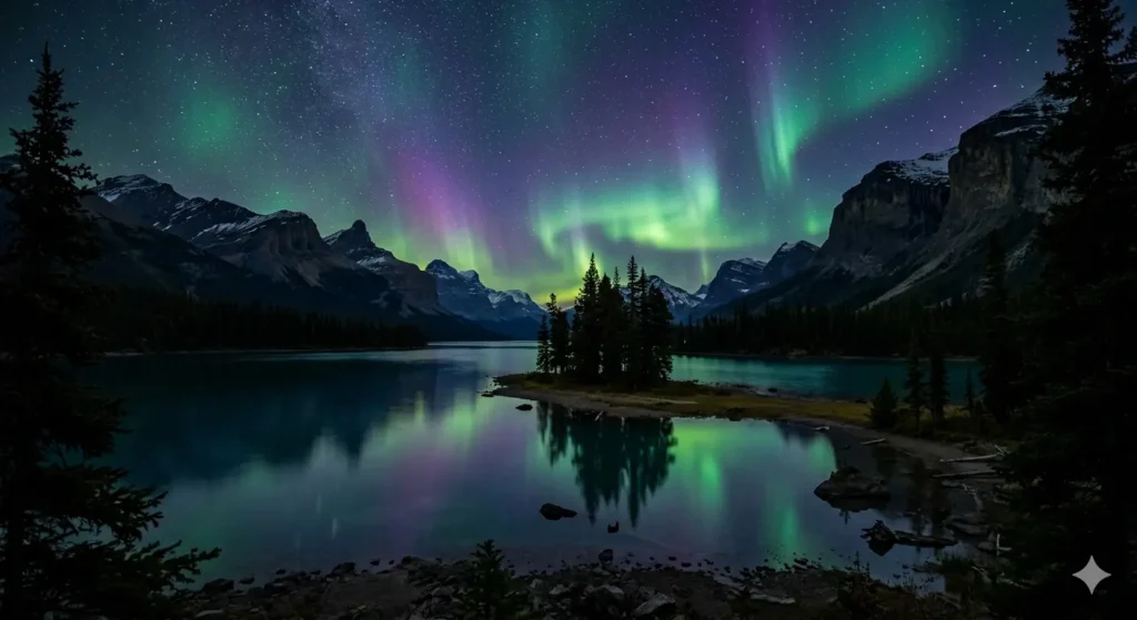 A breathtaking view of the Northern Lights (Aurora Borealis) over Spirit Island in Maligne Lake, Jasper National Park. Deep greens and purples dance in the night sky, reflected in the calm, dark water of the lake. Pine trees silhouette against the cosmic light.
