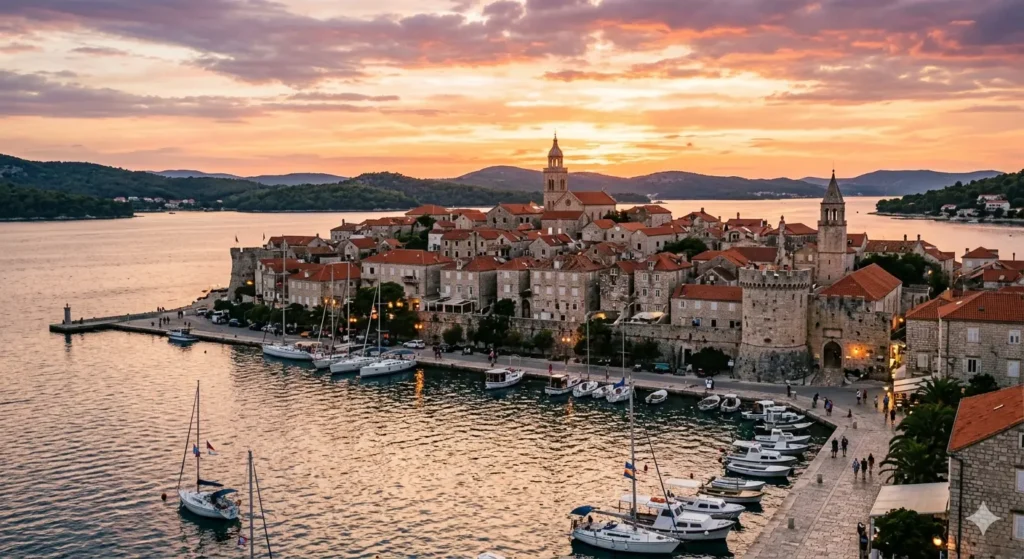 A romantic sunset view of Korčula Town's stone towers and narrow alleys, with a calm sea and small sailboats in the harbor, warm golden hour lighting.