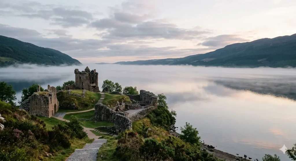 A calm morning view of Loch Ness with the ruins of Urquhart Castle in the foreground and a light fog resting on the water.