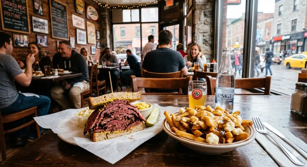 A vibrant food photography shot of a classic Montreal smoked meat sandwich and a plate of hot poutine with melting cheese curds and gravy. The setting is a rustic, trendy Montreal deli with a blurred background of a busy street. Rich colors and appetizing textures.