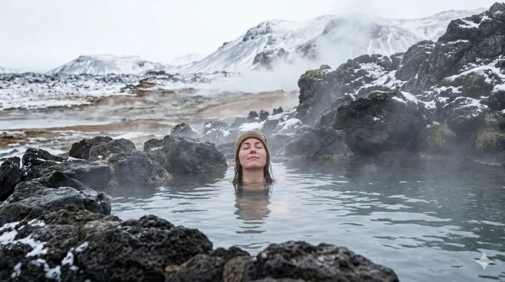 A close-up, serene shot of someone relaxing in a natural Icelandic hot spring surrounded by volcanic rocks and light snow, with steam rising into the cold air.