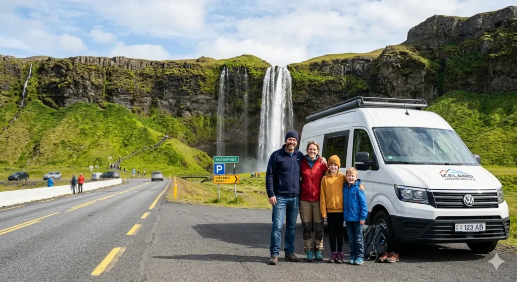 A family of four standing near a rental camper van on a paved Icelandic road, with the iconic Skógafoss waterfall in the background and a bright blue sky.