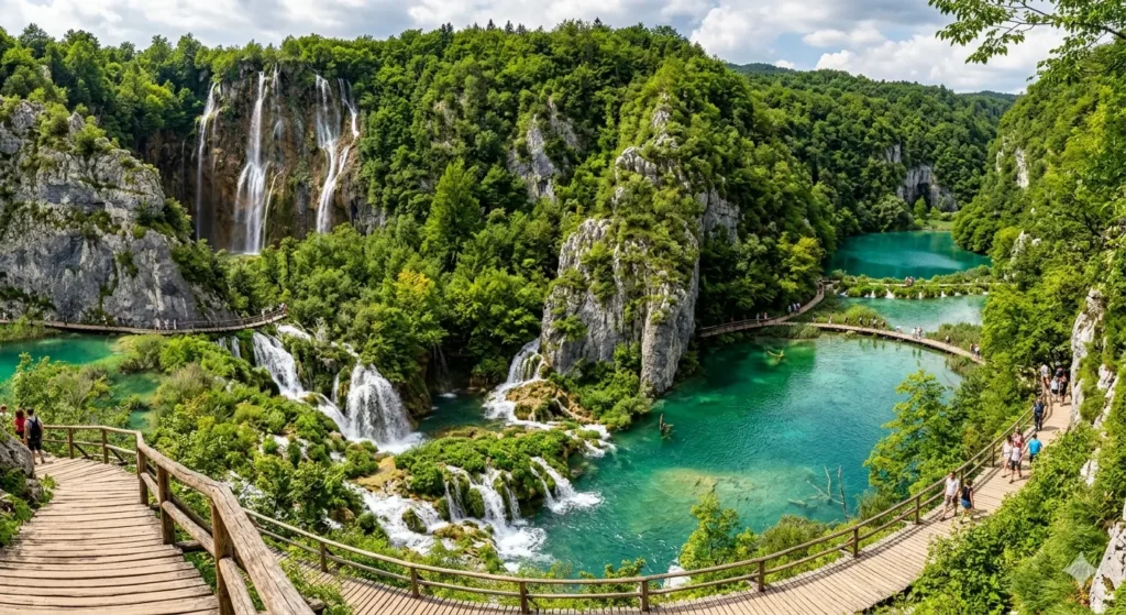 A breathtaking view of Plitvice Lakes National Park featuring turquoise cascading waterfalls surrounded by lush green forests and wooden walking paths, vibrant natural colors.