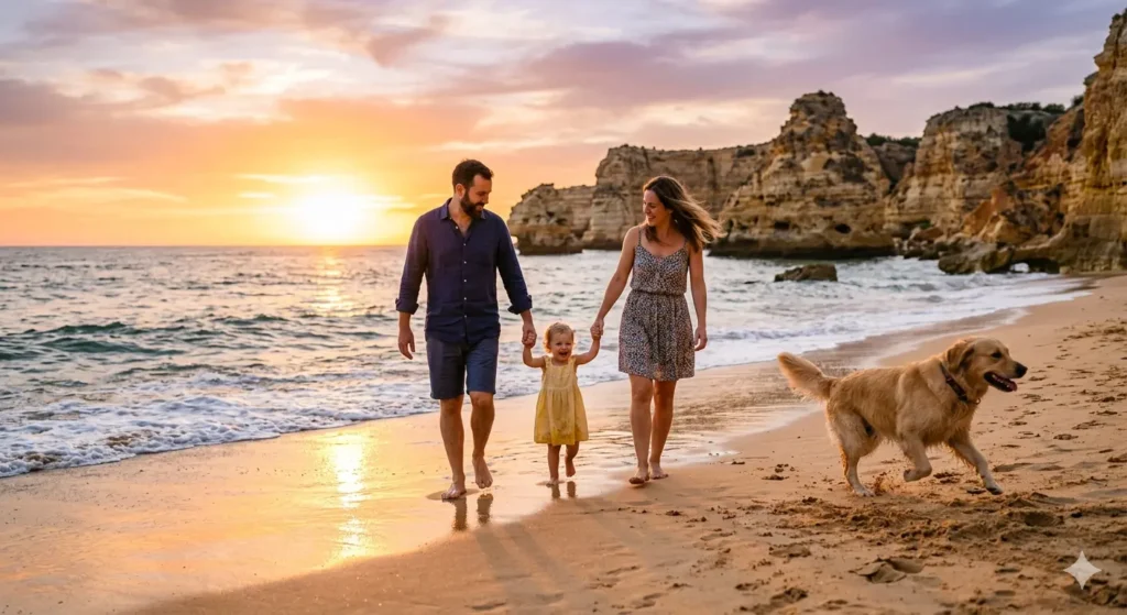A sunset view of a family walking along a golden beach in the Algarve, Portugal. The parents are holding hands with a toddler, and a golden retriever is running nearby. Warm, emotional, 8k resolution.