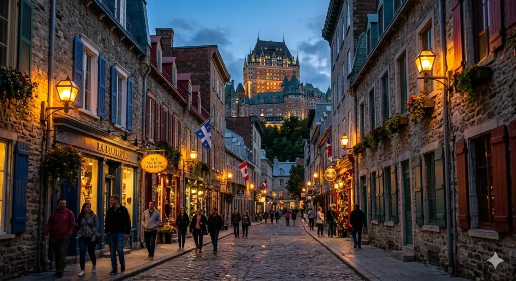 A street view of Old Quebec City in the evening. Cobblestone streets, historic stone architecture with colorful shutters, and warm glowing street lamps. The Fairmont Le Château Frontenac is visible in the background against a deep blue twilight sky. Cinematic and cozy atmosphere.