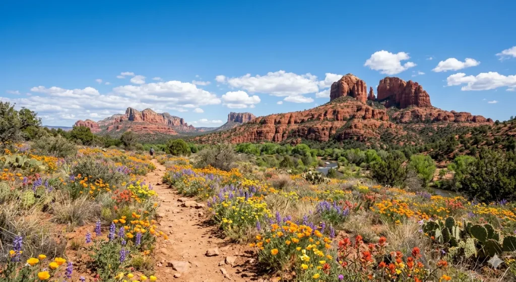 A wide-angle landscape photo of the red rock formations in Sedona, Arizona, during spring, with blooming desert wildflowers in the foreground and a clear blue sky, photorealistic, vibrant colors.