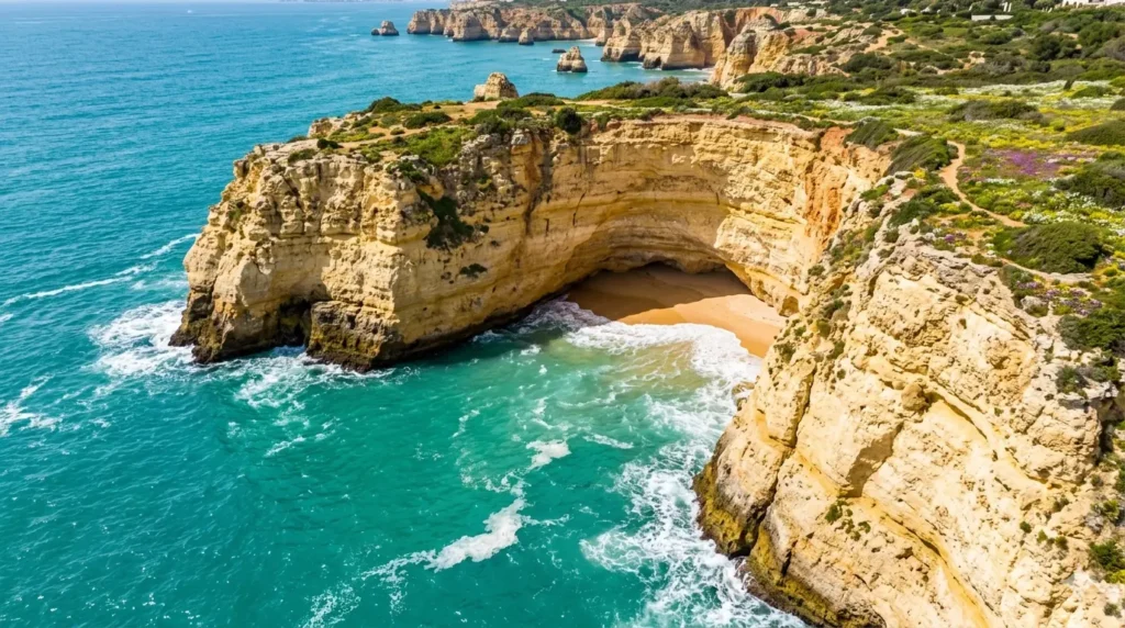 A stunning aerial view of the Algarve coastline in Portugal, showing golden limestone cliffs, turquoise Atlantic water, and a hidden sandy beach, bright spring sunlight, 8k.