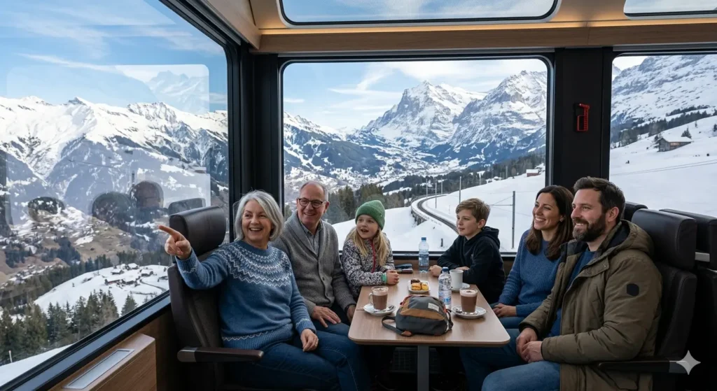 A happy multi-generational family (grandparents, parents, and kids) sitting comfortably on a modern Swiss panoramic train, looking out at the snow-capped Alps through large glass windows. Hyper-realistic, cozy atmosphere.