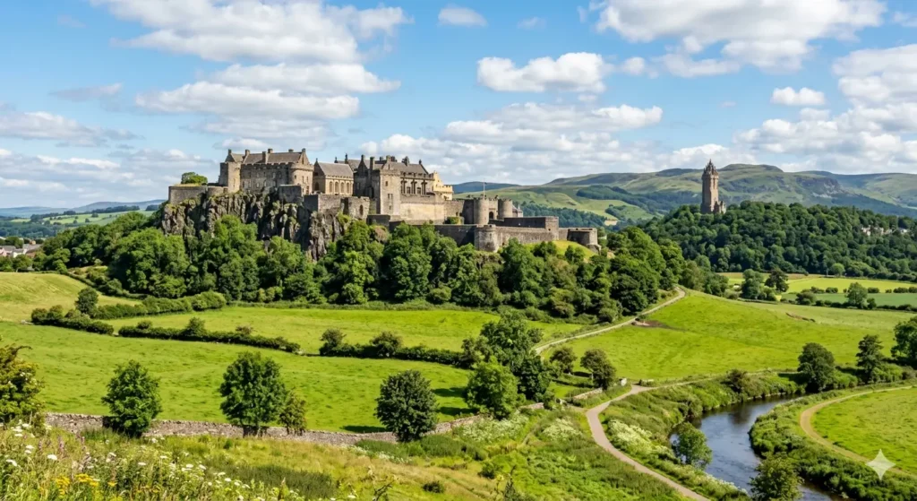 A bright, sunny photo of Stirling Castle sitting atop its rocky crag, surrounded by lush green fields and the Wallace Monument in the distance.