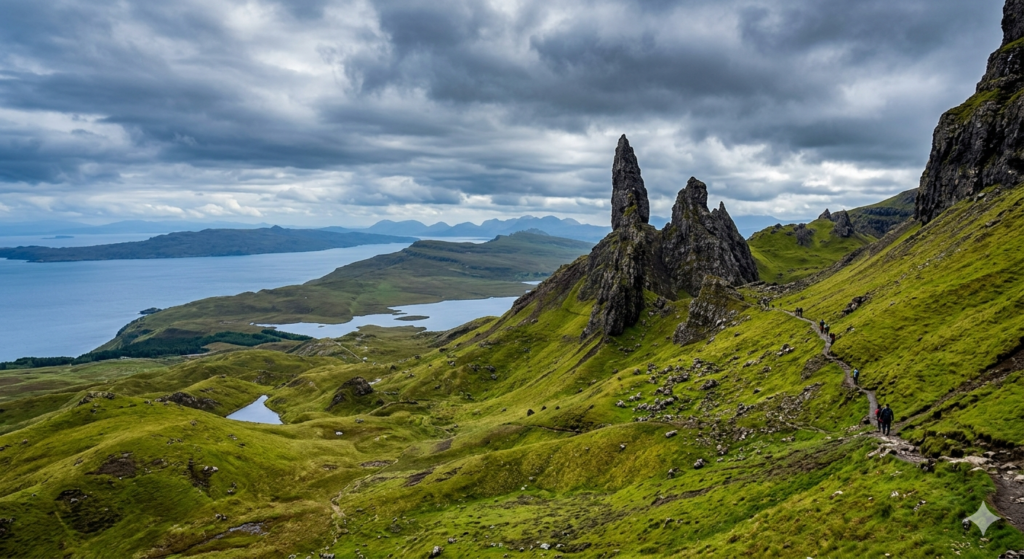 A professional landscape photo of the Old Man of Storr on the Isle of Skye, with green grass, jagged dark rocks, and a dramatic cloudy sky.