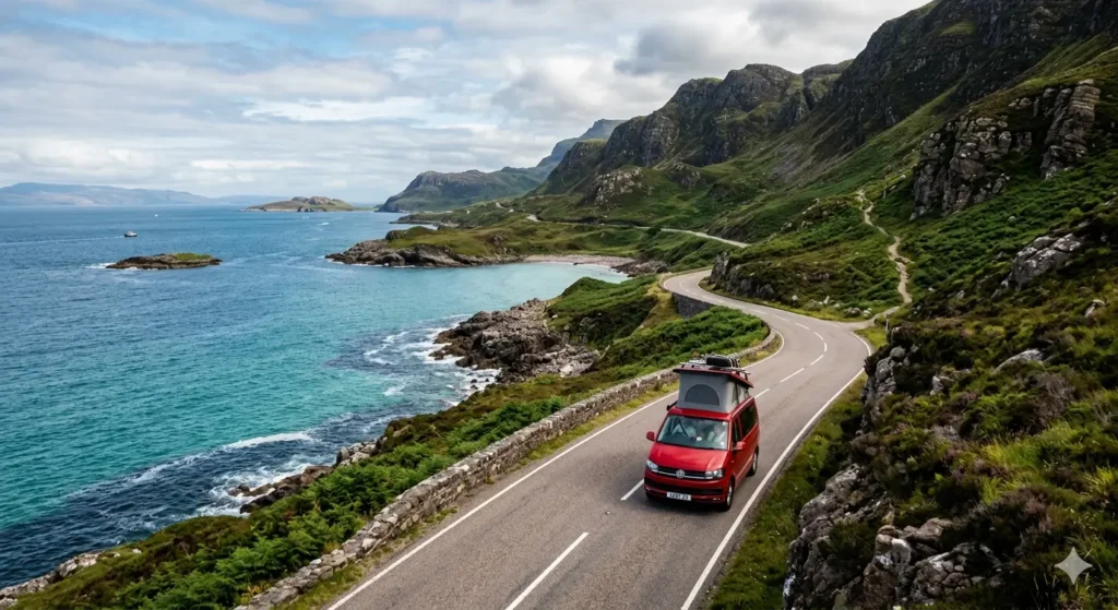 A red campervan driving along a winding coastal road in the Scottish Highlands, with turquoise water on one side and steep green mountains on the other.
