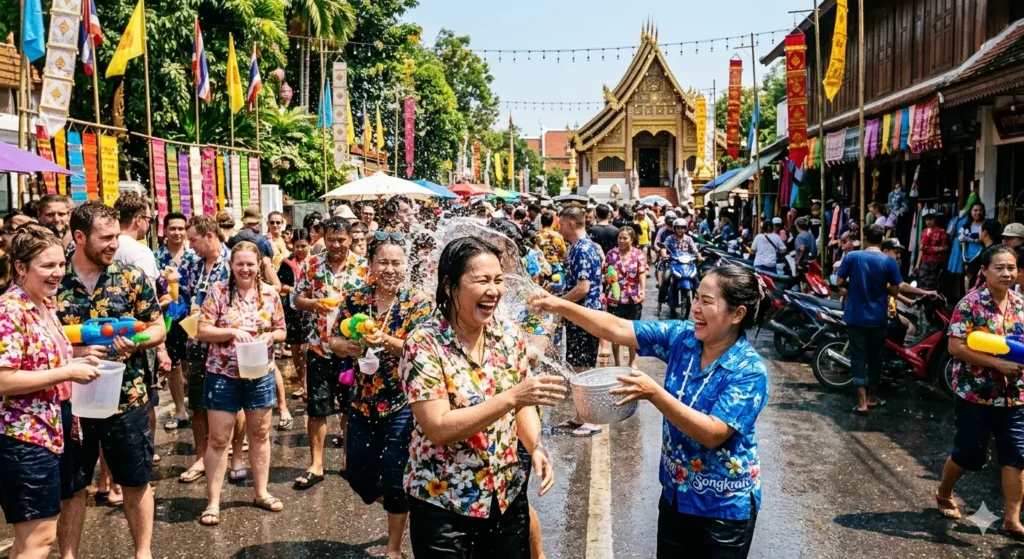 A vibrant street scene of the Songkran water festival in Chiang Mai, Thailand, people laughing and splashing water, colorful traditional decorations, sunny day, high energy, realistic.