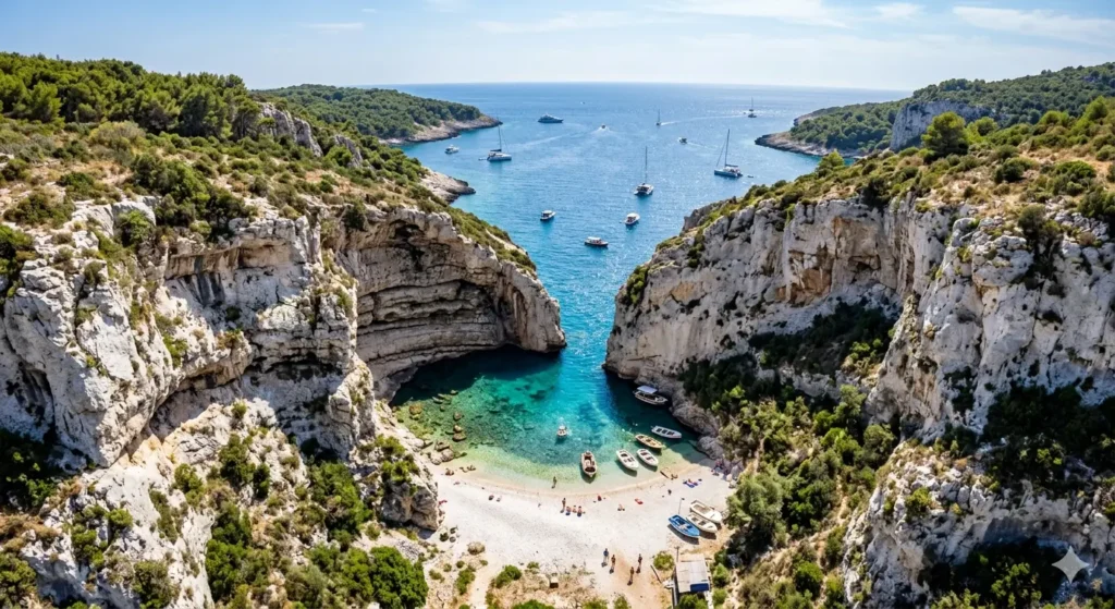 A hidden beach in Stiniva Cove on Vis Island, framed by tall limestone cliffs with a small opening to the sea, crystal clear turquoise water, aerial drone perspective.