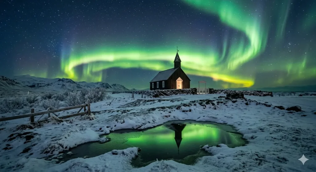 A high-quality, realistic photo of the Northern Lights dancing over a snow-covered Icelandic church (like Budir) with a clear starry sky and the green aurora reflecting in a nearby puddle.