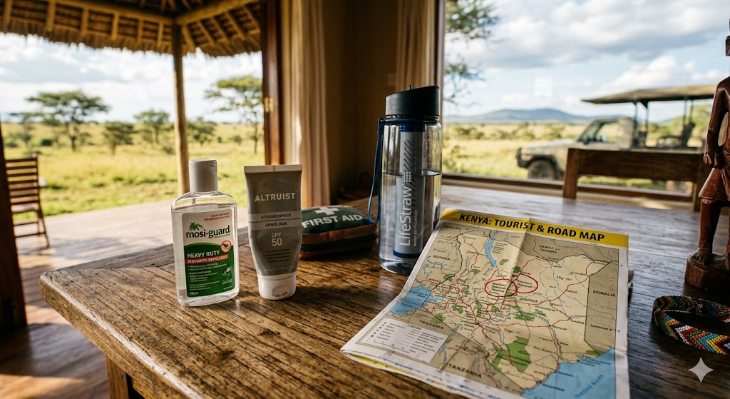 An organized travel health kit sitting on a wooden table, featuring a bottle of mosquito repellent, a sunblock tube, a water purification bottle, and a Kenyan travel map
