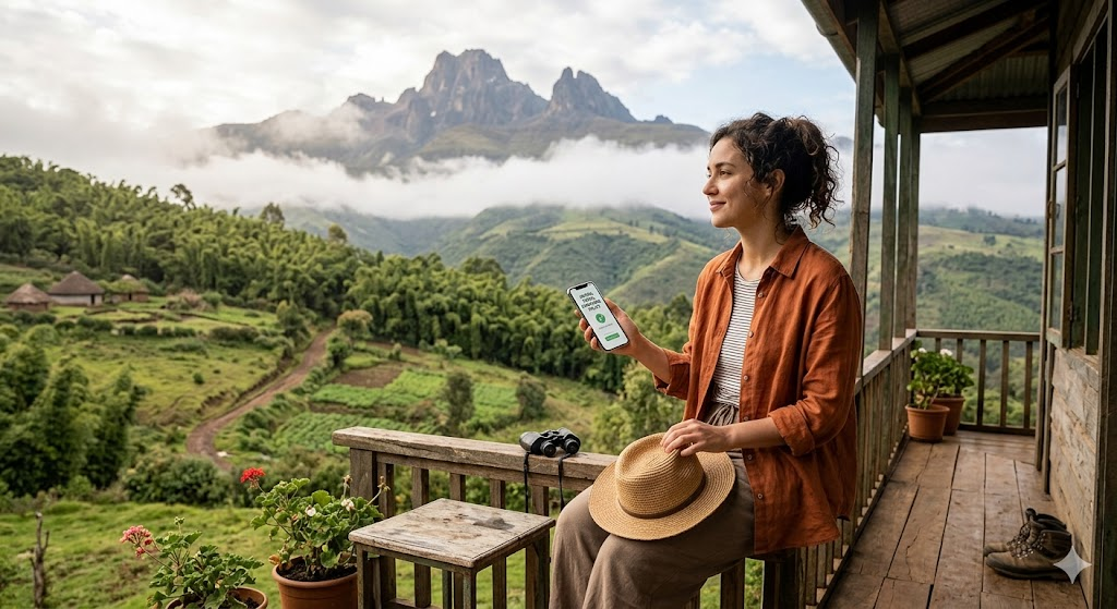 A traveler looking relaxed on a balcony, holding a smartphone showing a digital insurance policy, with a backdrop of Mount Kenya peaking through the clouds.