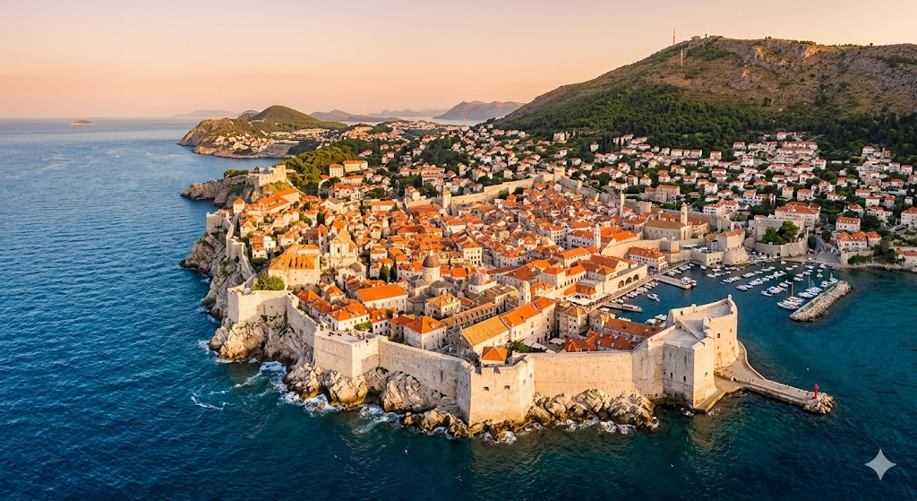 A wide-angle drone shot of Dubrovnik’s Old Town at golden hour, showing the deep blue Adriatic Sea clashing against the ancient white stone walls and bright orange terracotta rooftops, 8k resolution, cinematic lighting.