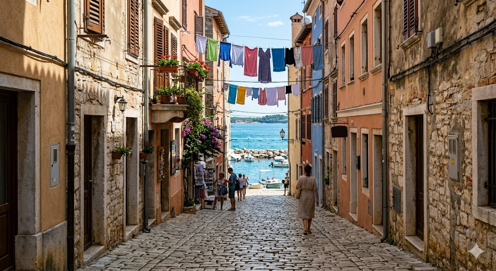 A street-level view of a narrow, cobbled alleyway in Rovinj, Istria, with colorful laundry hanging between pastel-painted buildings and a glimpse of the sparkling sea at the end of the path, hyper-realistic, 8k.