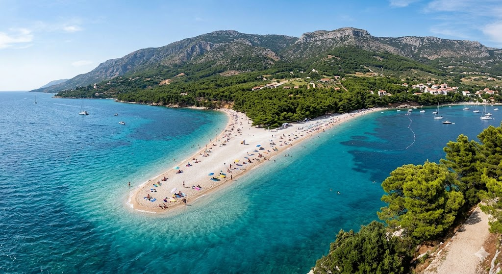 A high-resolution photo of the Zlatni Rat beach on Brač island, showing the unique triangular shape of the white pebble beach extending into turquoise water, with lush green pine trees in the background.