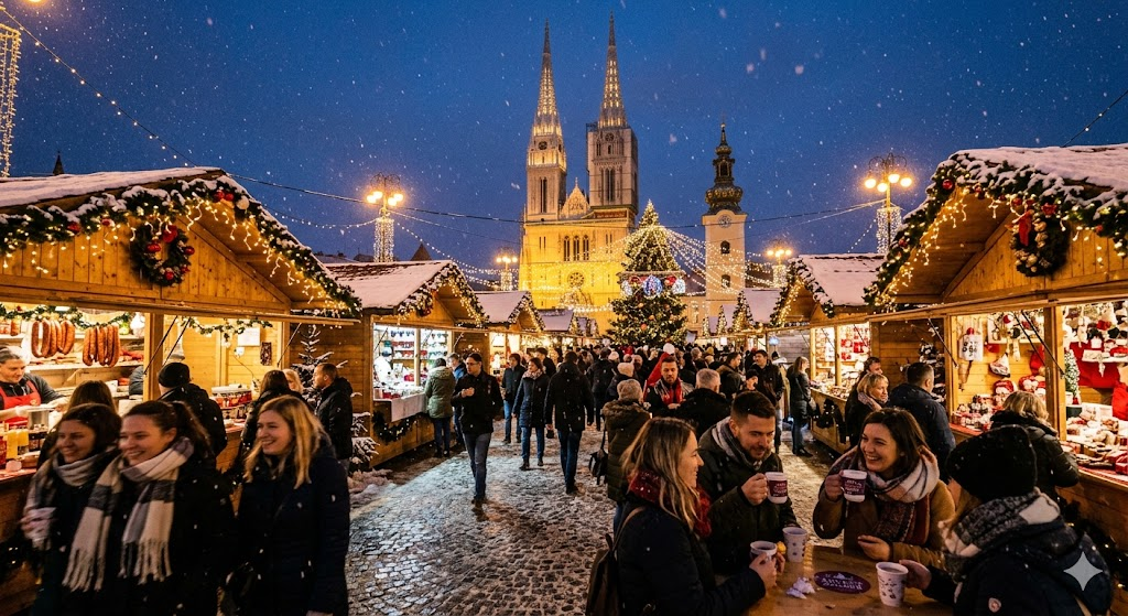 A festive evening scene of the Zagreb Christmas Market (Advent), with bright fairy lights draped over wooden huts, people holding steaming mugs of cocoa, and the twin spires of the Zagreb Cathedral in the background, snowy atmosphere.
