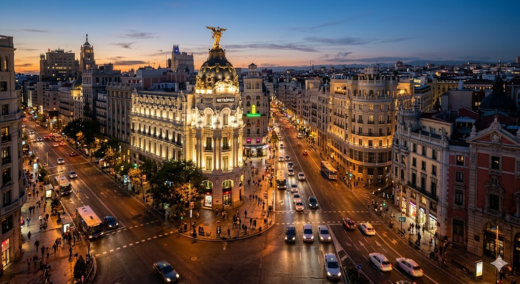 A wide-angle, high-resolution photo of the Gran Vía in Madrid at dusk, with the iconic Metropolis Building illuminated and the warm glow of street lamps reflecting off the pavement, 8k, cinematic lighting.
