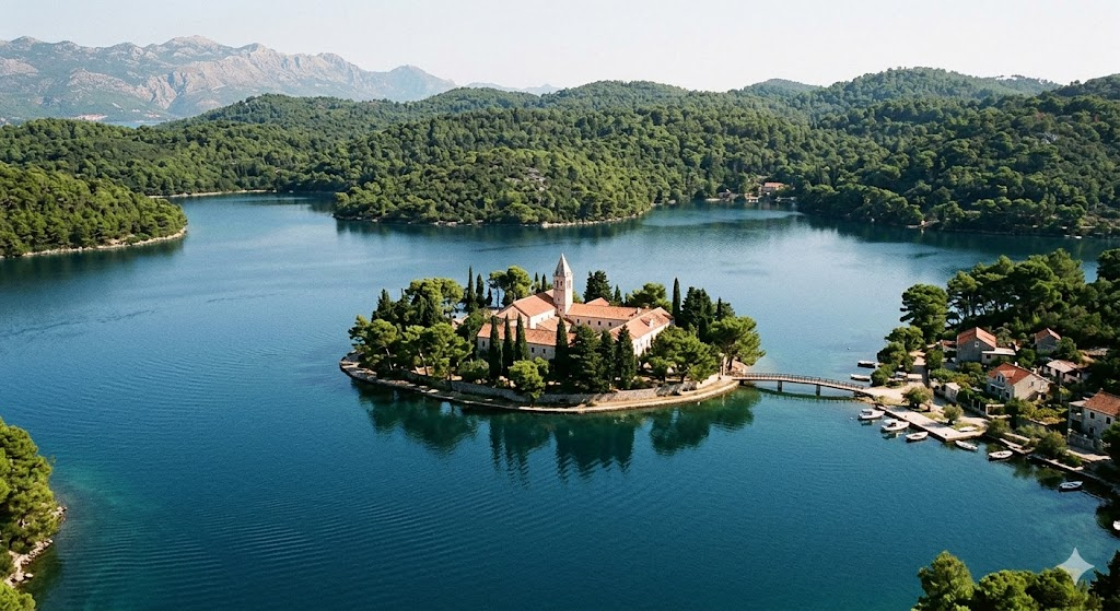 A serene landscape of Mljet National Park, featuring the Great Lake (Veliko Jezero) with the small St. Mary’s Island and its 12th-century Benedictine monastery in the center, surrounded by dense green forest and clear blue water.