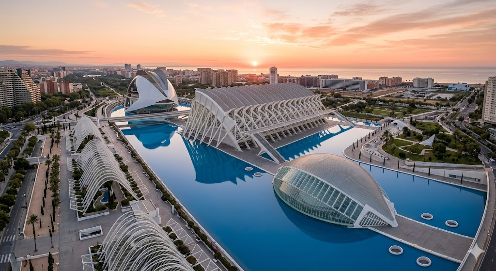 A stunning drone shot of the City of Arts and Sciences in Valencia, showing the futuristic white structures reflecting in the surrounding blue pools at sunrise, ultra-detailed, 8k.