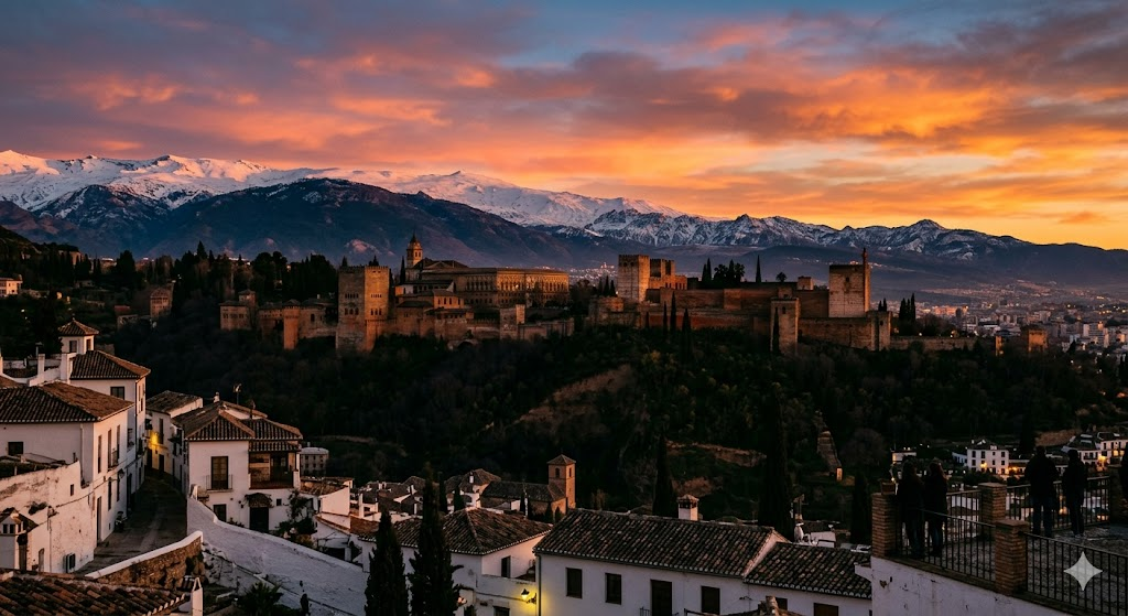A romantic view of the Alhambra palace in Granada silhouetted against the snow-capped Sierra Nevada mountains at "golden hour," vibrant colors, 8k resolution.