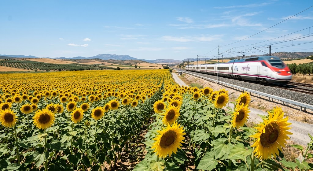 A high-speed AVE train blurring past a field of sunflowers in the Spanish countryside, bright sunny day, motion blur, 8k, professional photography.