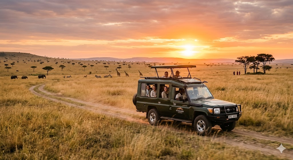 A professional photography shot of a luxury safari jeep moving through the golden grasslands of the Masai Mara at sunset, with a vast sky and distant acacia trees, symbolizing a safe and serene adventure.